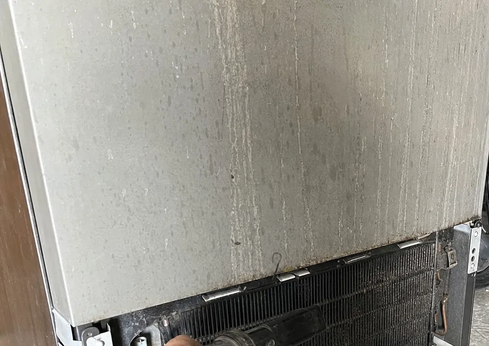 The plain side panel of a refrigerator standing clear of its opening, dust marking the top edge of the condenser.