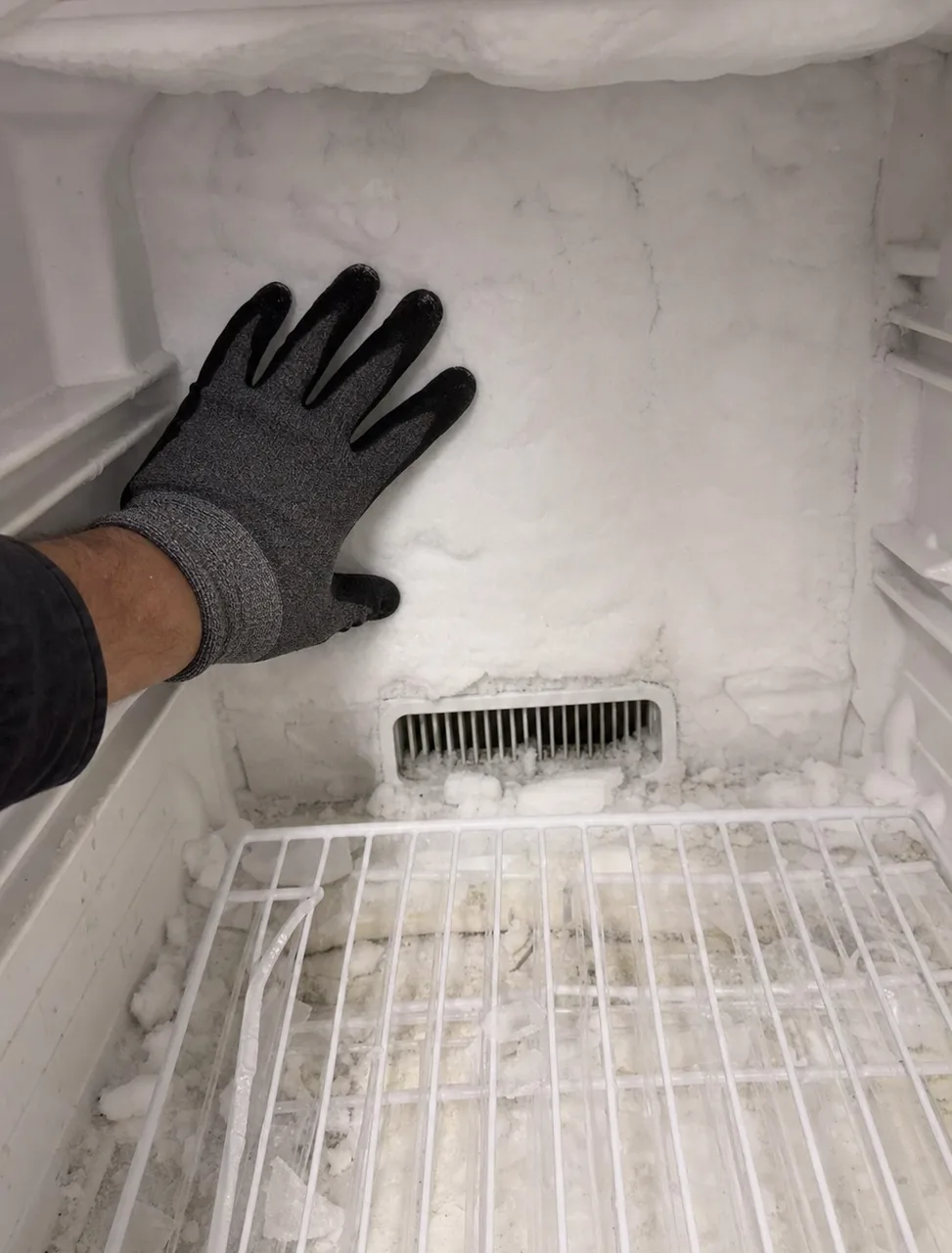 A gloved hand laid flat against the back wall of a freezer buried under an even sheet of frost.
