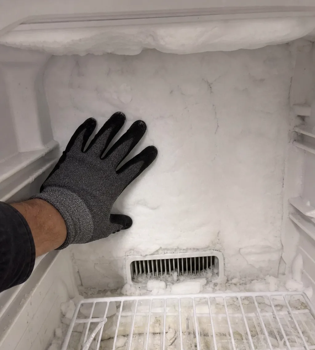 A frosted freezer compartment with a wire shelf below it, ice crusted along the wires.