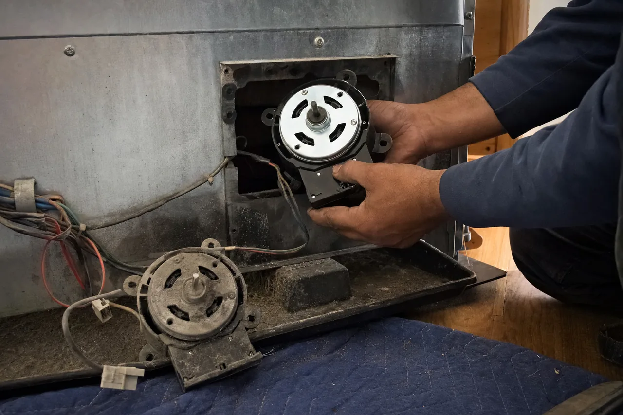 Hands lining a fan motor bracket up with its mounting holes inside the back panel of an appliance.