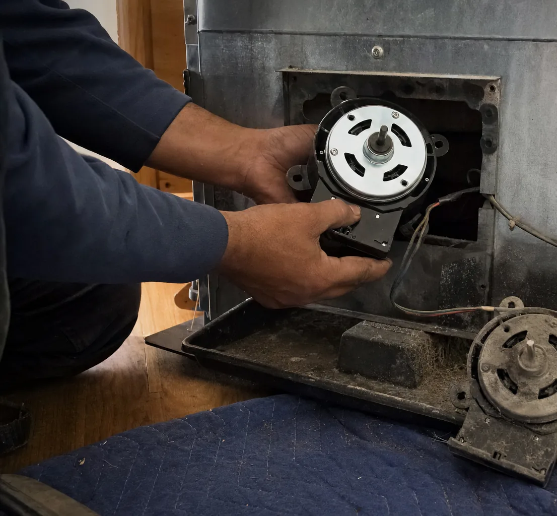 A replacement fan motor and the worn one it is replacing, set side by side on a moving blanket.