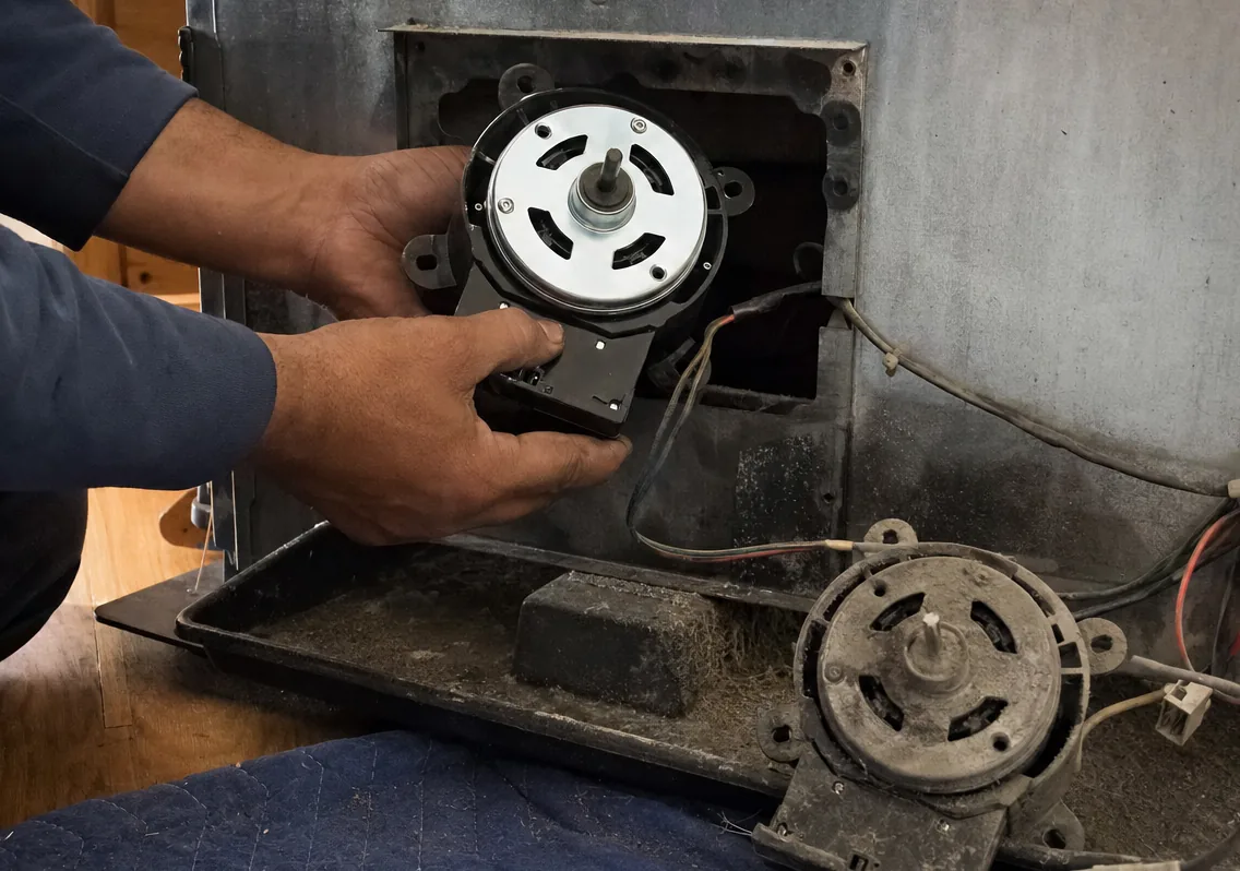 A new fan motor held up to the opening it will be fitted into, its wiring loom hanging loose alongside.