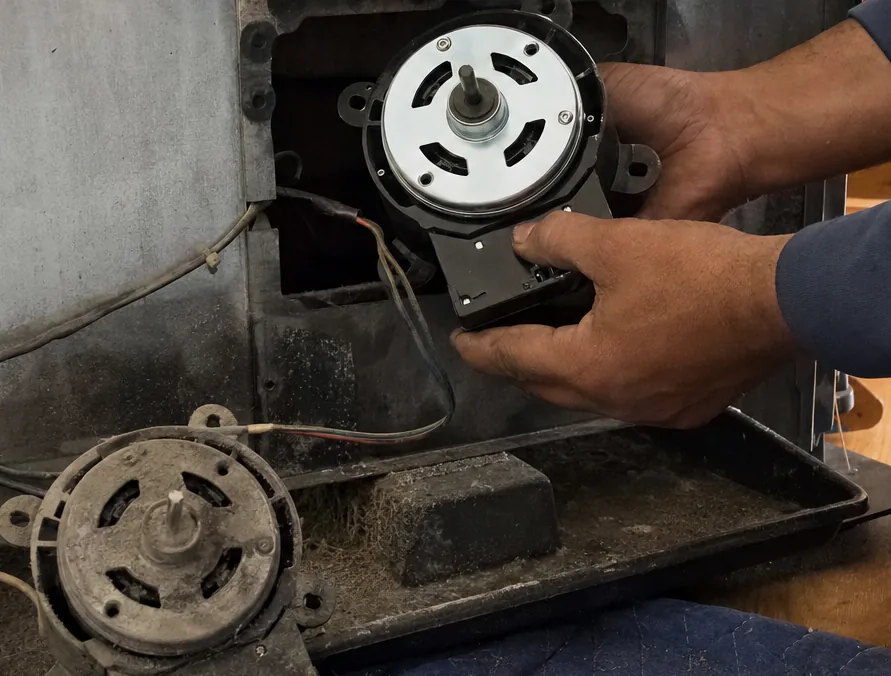 A clean replacement fan motor held up next to the dust-caked motor that came out of the machine.