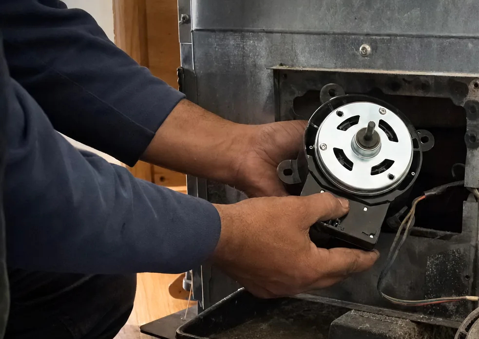 A technician working on the floor beside an appliance with a part in hand, at the edge of a wood-floored room.
