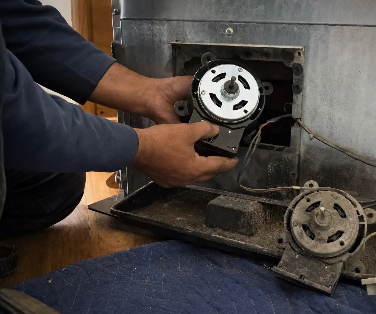 Hands lift a new fan motor into the open rear service panel of a refrigerator while the dusty original motor sits on a blue moving blanket below.