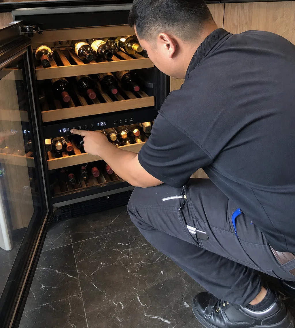 A technician crouched on a tiled floor at an open undercounter cabinet, its glass door swung wide.