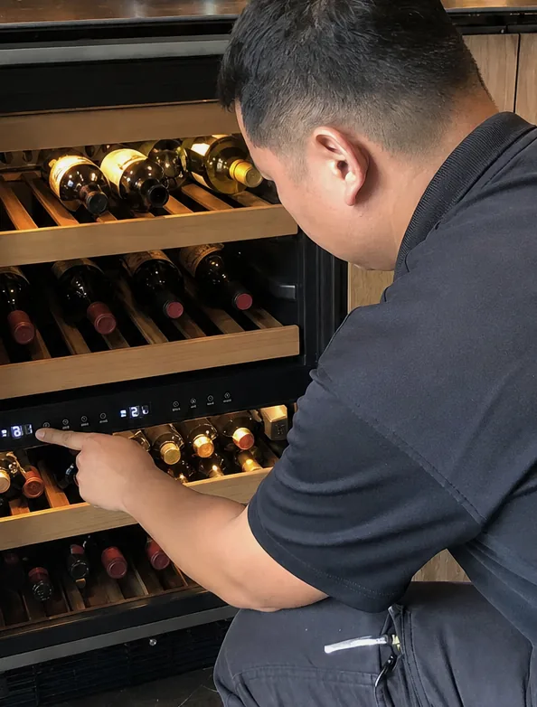 A finger resting on the touch control strip of a wine cabinet, the set-point digits lit between two shelves.