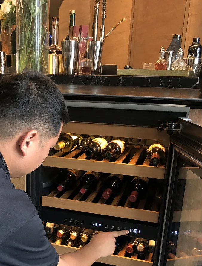 A home bar counter above an open wine cabinet, with cocktail tools and a glass vase behind it.